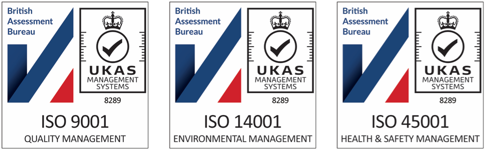 ISO 9001, ISO 14001 and ISO 45001 accreditation marks